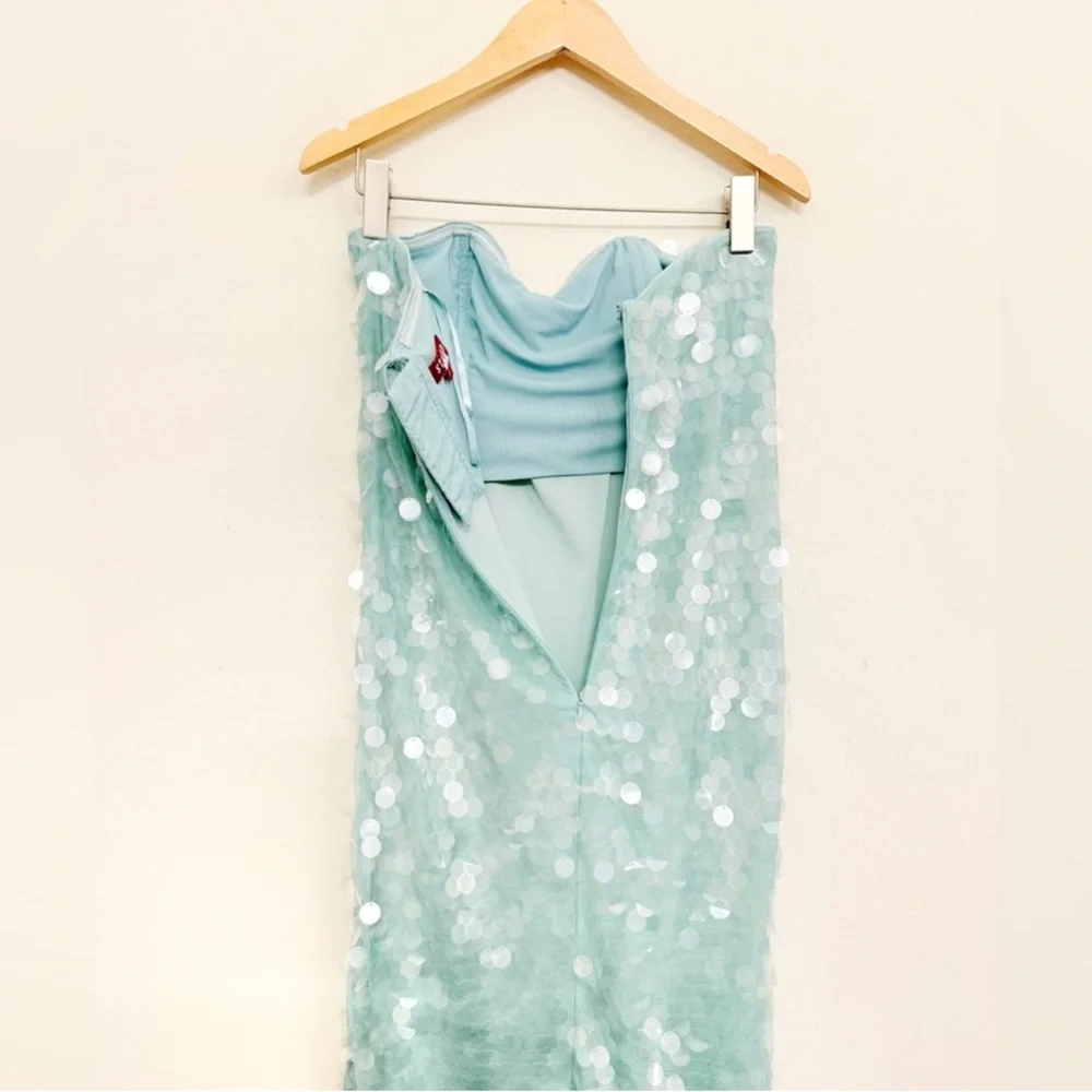 STAUD Casey Strapless Sequin Midi Dress in Mist Aqua Size 8 - Picture 12 of 17